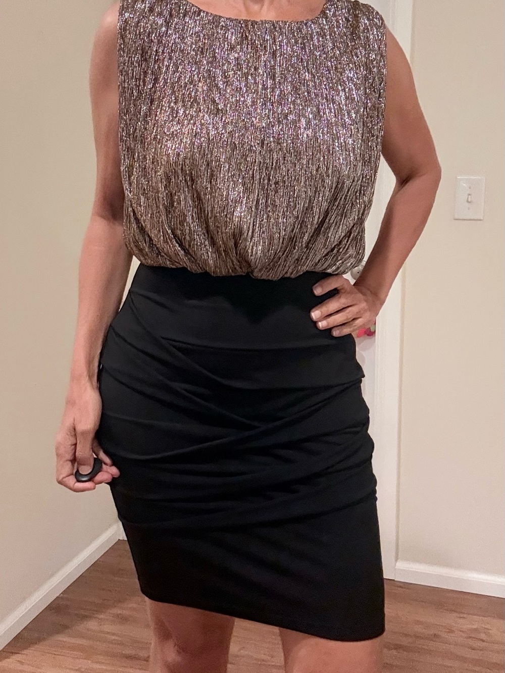 Valerie Bertinelli Metallic Bronze Top with Black Pencil Skirt